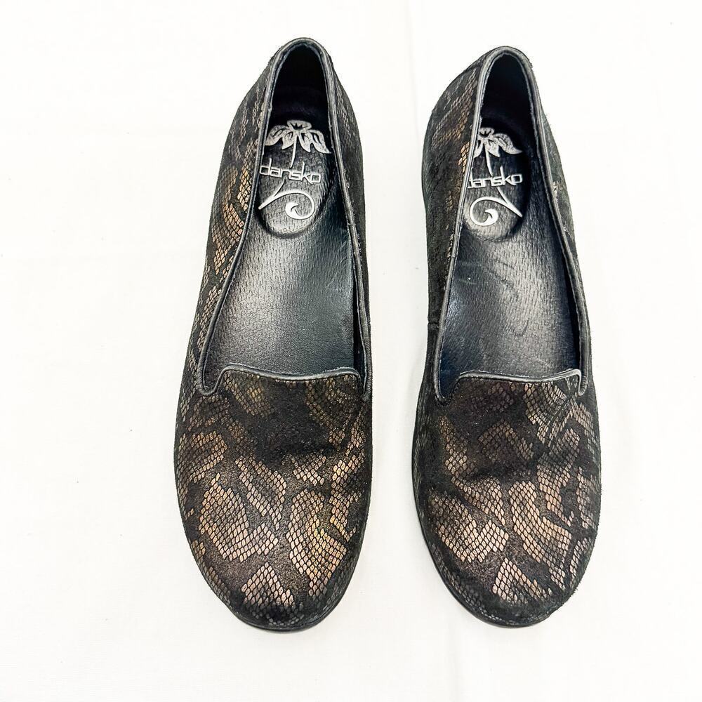 Dansko Black Women's Olivia Snakeskin Metallic Flat Shoes Comfort Size 39